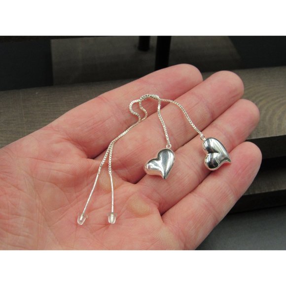 Sterling Silver Four Inch Long Heart Dangle Earrings Vintage Wedding Engagement - Picture 3 of 6